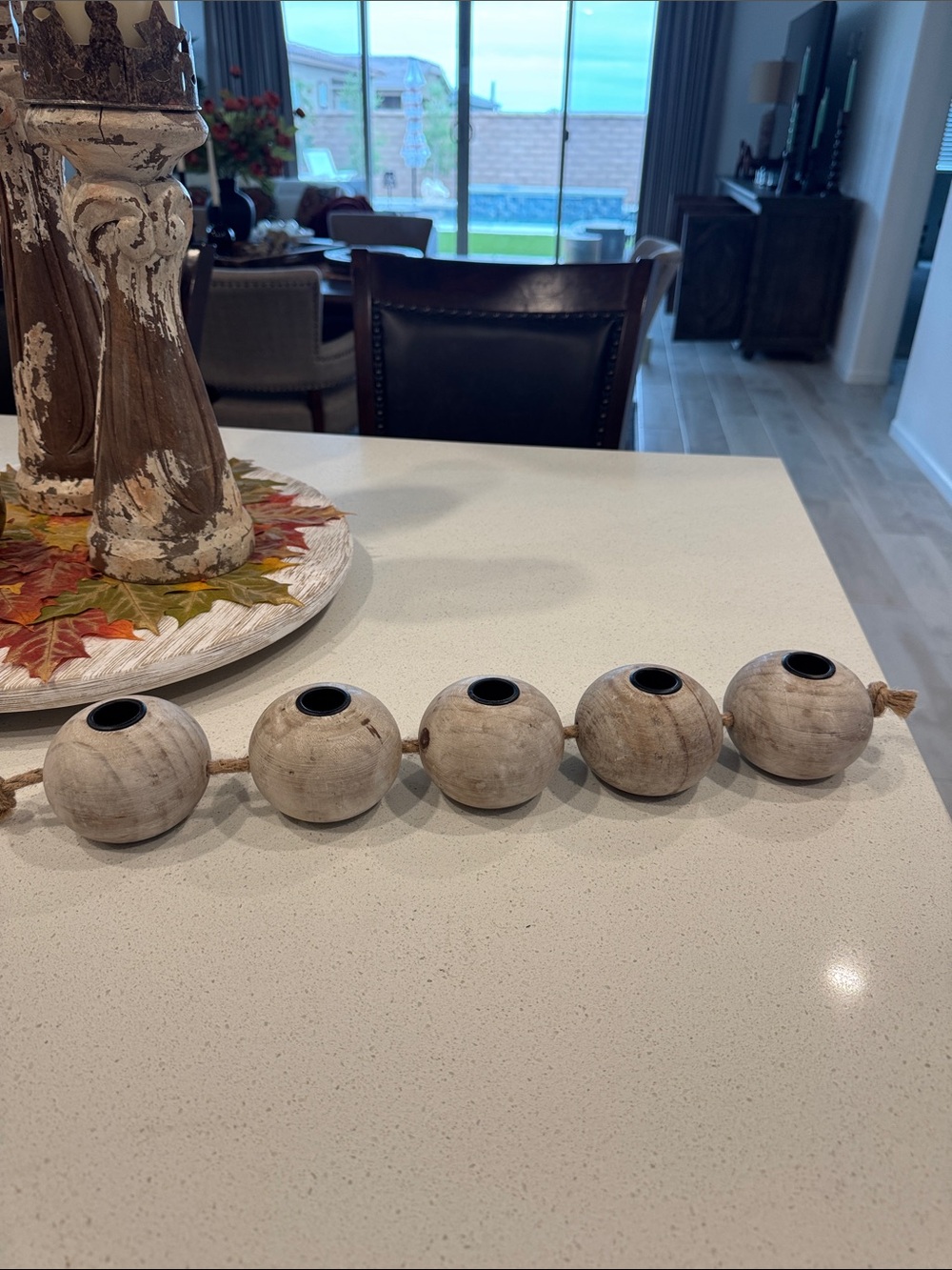 Candle holder - Rustic Wooden Bead Garland String - Whitewashed Cream